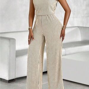 SHEIN Cream and Black Wide-Leg Jumpsuit
